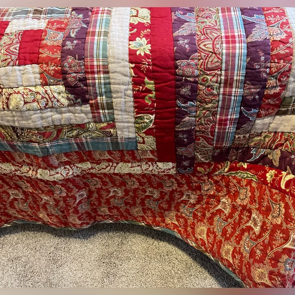 RARE Pottery Barn Vintage Log Cabin Christmas Patchwork Quilt Set- F/Q Multi